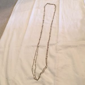Very long strand silver and pearl necklace